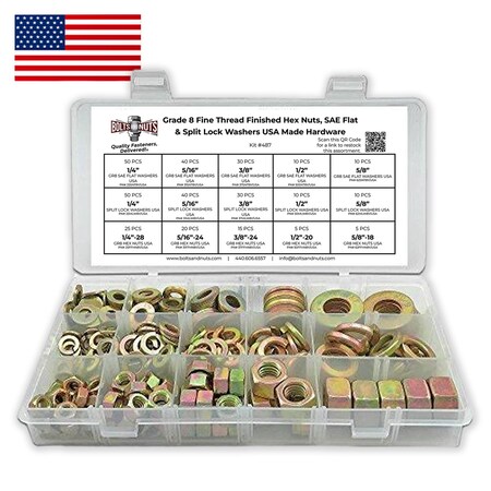 Boltsandnuts.Com Grade 8 Fine Thread Finished Hex Nuts, SAE Flat & Split Lock Wshrs Hardware Assortment - 351 Pcs Assortment Kit #487